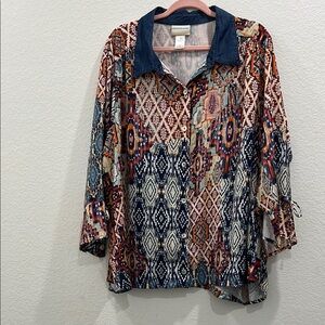 Alfred Dunner Boho Multicolor Patchwork look Flowy Button Front Denim Collar‎ 3X